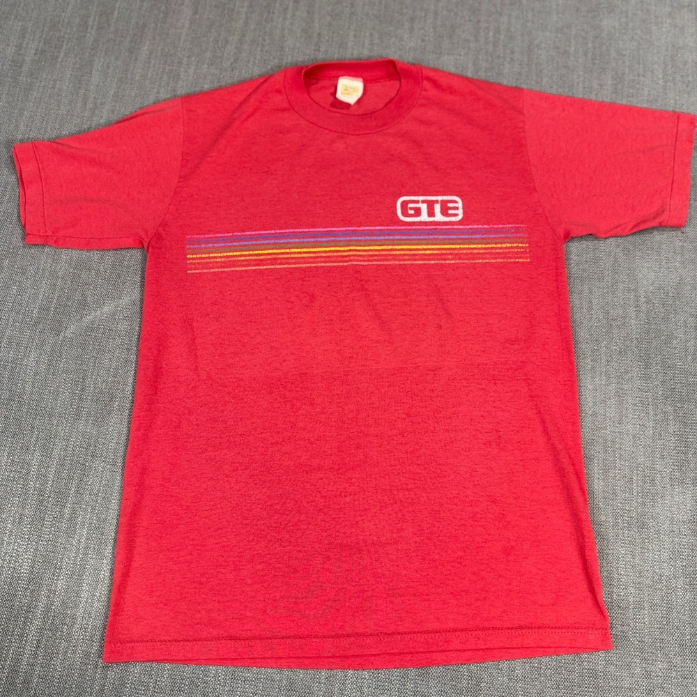 Vintage Velva Sheen GTE Rainbow Stripe T Shirt Mens Medium Red Single Stitch Tee